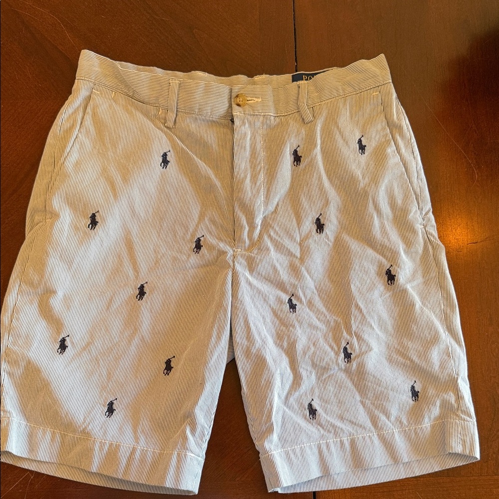 Ralph Lauren Men's Blue Striped Shorts with Embroidered Logo